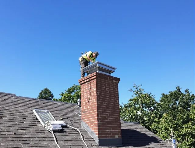 Lincoln Chimney Sweep technician measuring a chimney cap in Lincoln, RI