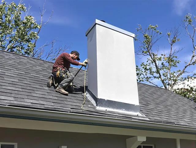 Lincoln Chimney Sweep team member finishing chimney construction in Lincoln, RI