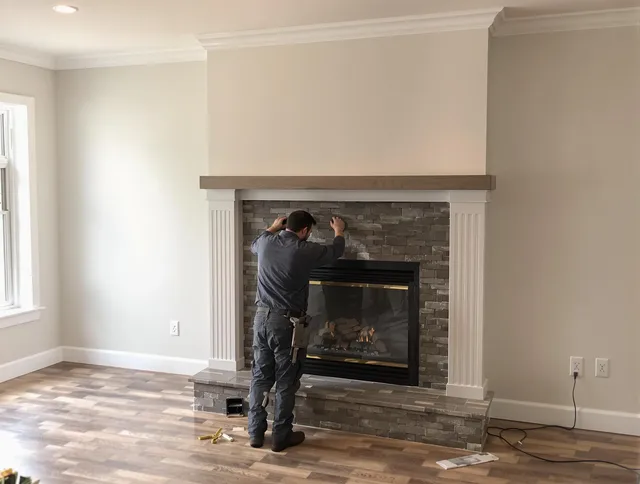 Lincoln Chimney Sweep finishing a custom fireplace install in Lincoln, RI
